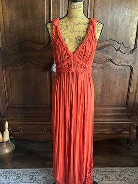 Studio C Braided V-Neck Maxi Dress in Coral Orange